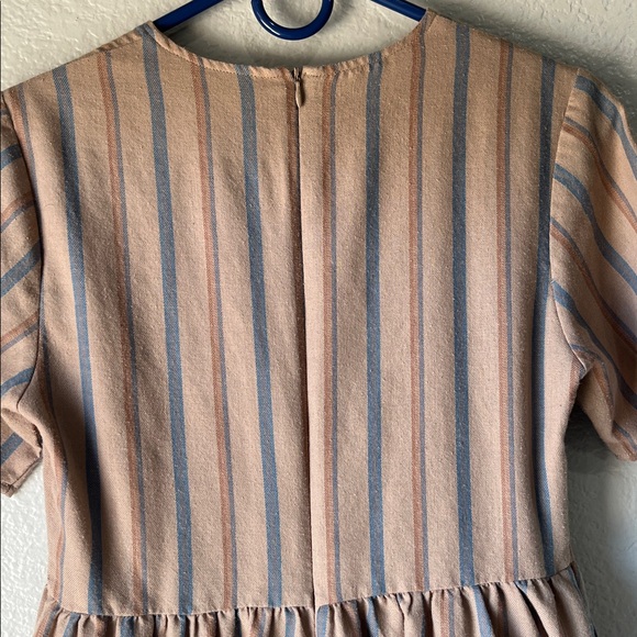Roolee Mom Women’s Striped Ruffle Trim Short Sleeve Midi Dress Tan Blue Sz XS - Picture 7 of 7